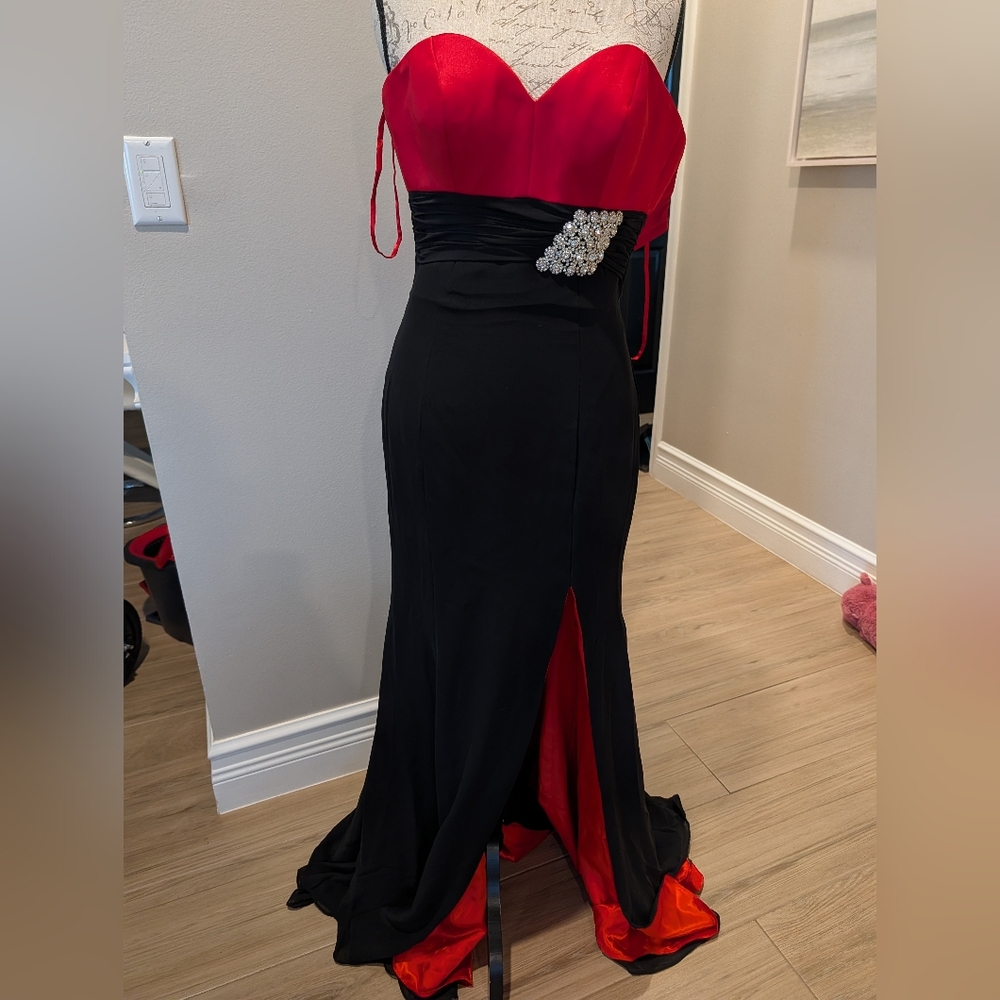 Landau Strapless Red and Black Evening Gown with Jewel Accent